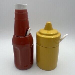 Ceramic Realistic Ketchup Mustard Condiment Jars & Spoons Nantucket BBQ Cookout